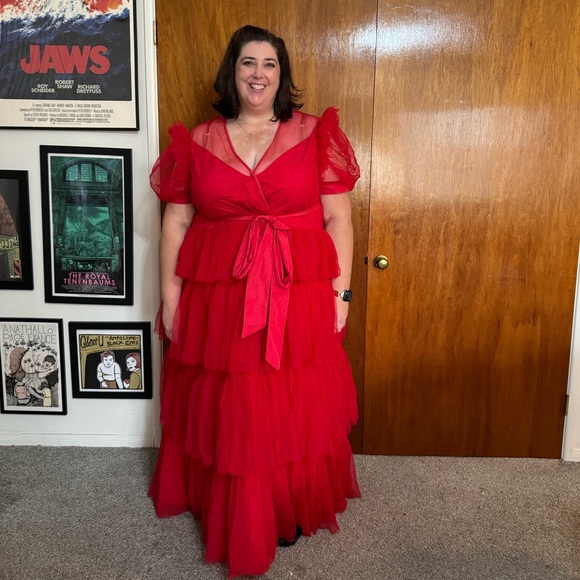 Eshakti Dresses | Eshakti Size 30W, 6X Red Tiered Tulle Dress. Puff Sleeves with Sash. | Color: Red | Size: 30W